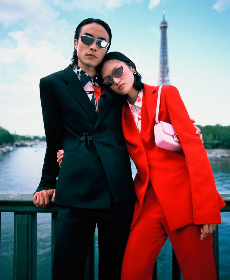 Givenchy Chinese Valentine's Day styled by Simon Gensowski, Asian models wearing suits in front of the Eiffel Tower in Paris